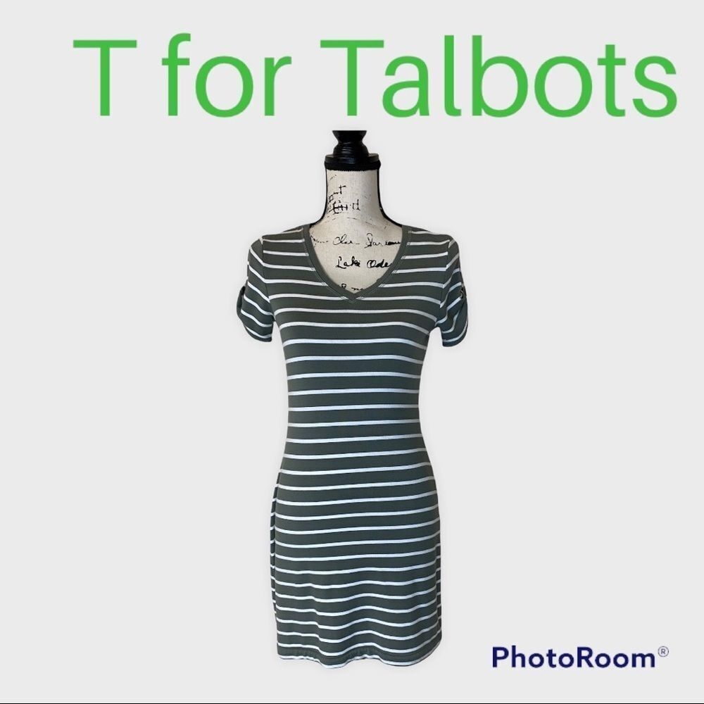 T for Talbots Olive Green & White Stripe V-Neck Jersey Tee Dress (P)